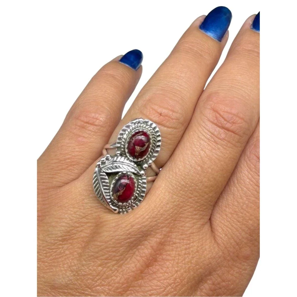 Red Rose Dahlia Kingman Turquoise Ring Size 6.5 Solid 925 Sterling Silver
